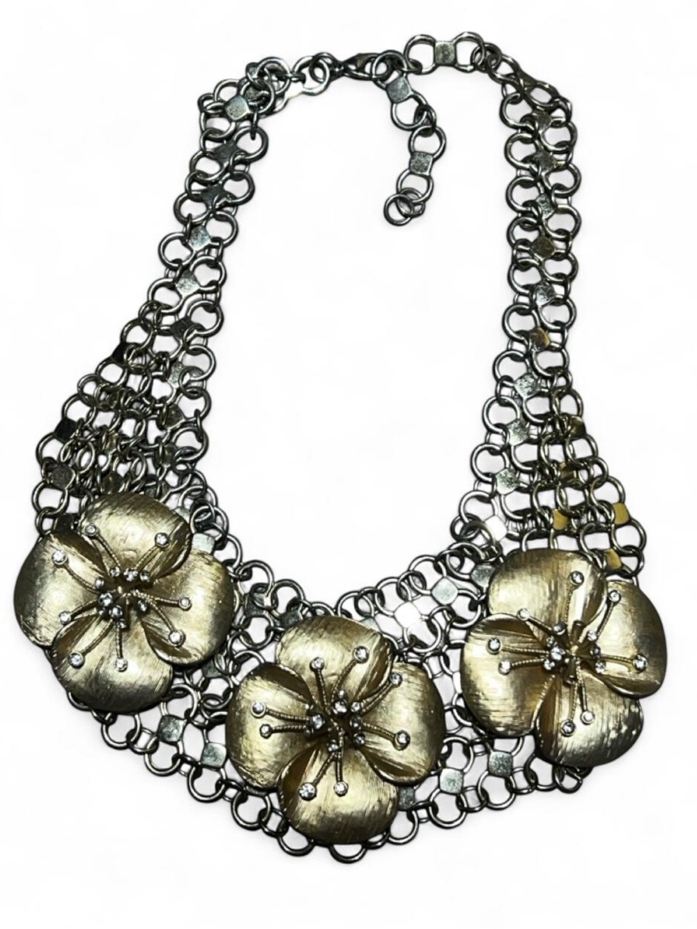 Vintage Gold Floral Rhinestone Statement Bib Necklace